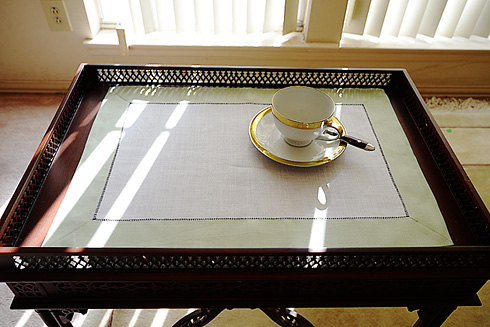 White Hemstitch Placemat 14"x20". Sea Crest Green Color Borders.